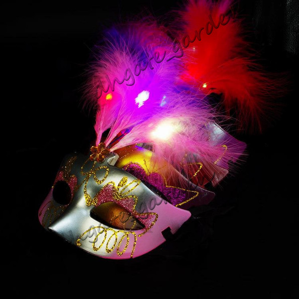 LED Party Mask Face Novelty Glowing Gold Powder Princess Feather Mask PVC Masquerade Venetian Halloween Party Mask