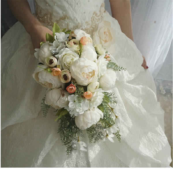 Wedding Bridal Bouquets Waterfall White Wedding Flowers Bridal Bouquets Artificial Pearls Crystal Wedding Bouquets Bouquet De Mariage Rose