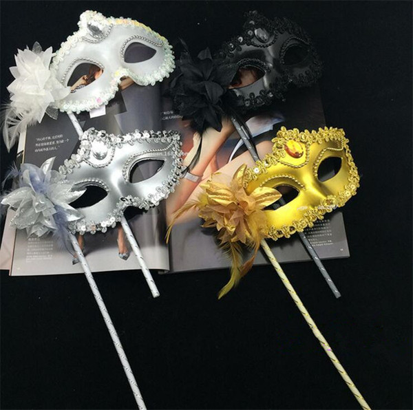 Luxury Woman Mask On Stick Sexy Eyeline Venetian Masquerade Party Mask Sequin Lace Edge Lateral Flower Gold Silver Black White Color I054