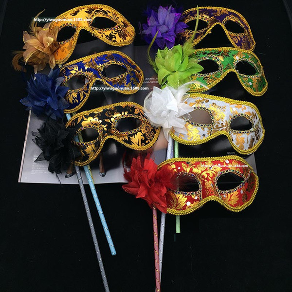 HandMade Party Mask with stick Wedding Venetian Half face flower mask Halloween Masquerade princess Dance party Mask 7 color