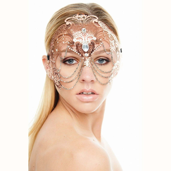 Phantom Metal Laser Cut Silver Gold Wedding Party Mask Women Chain Costume Venetian Filigree Black Cosplay Masquerade Mask