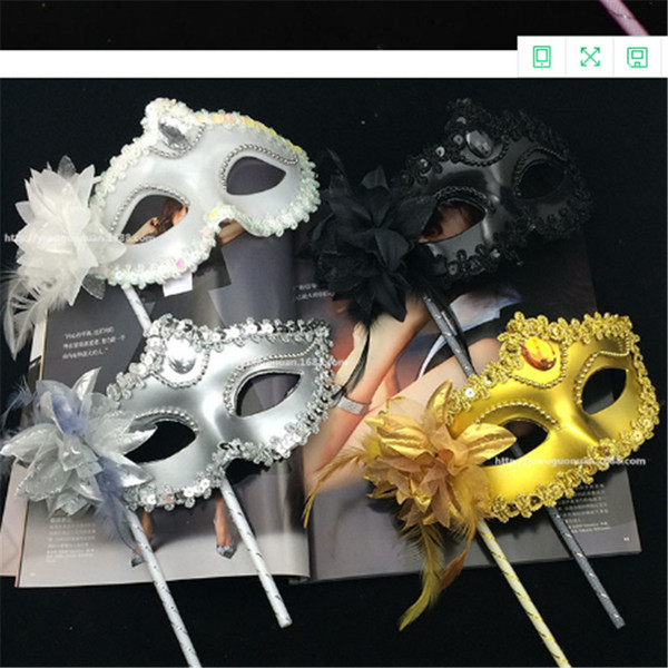 Luxury Diamond Woman Mask On Stick Sexy Eyeline Venetian Masquerade Party Mask Sequin Lace Edge Lateral Flower Gold Silver Black White Colo