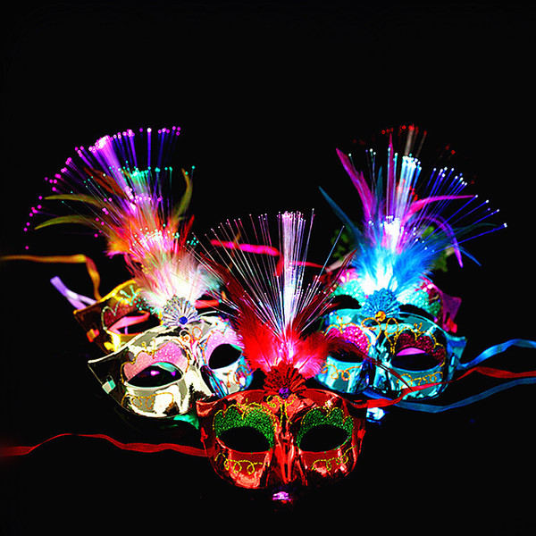 Women Venetian LED Fiber Light up Mask Masquerade Fancy Dress Party Princess Feather Glowing Masks masquerade masks