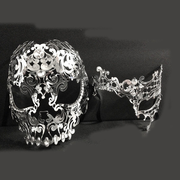 Men Women Couple Silver Metal Full Face Metal Evil Skull & Phantom Opera Venetian Laser Cut Masquerade Eye Masks