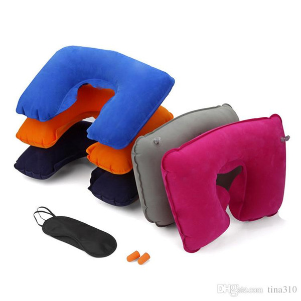 Travel Set 3PCS U-Shaped Inflatable Travel Pillow Eye Cover Earplugs Neck Rest U Shaped Neck Pillow Air Cushion T1I209