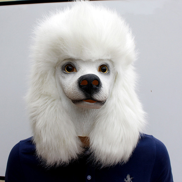 WHITE Poodle Dog Mask Halloween Latex Dog Full head Animal Fancy Dress Christmas Costume Masks Adult