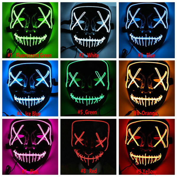 10 Colors EL Wire Ghost Mask Slit Mouth Light Up Glowing LED Mask Halloween Cosplay Glowing LED Mask Party Masks 30pcs