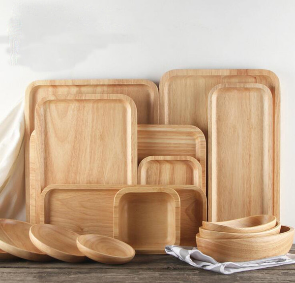 Wooden Serving Trays for Party/Hotel/Home Dinner Plate Dish Tableware Rubber Wooden Tray for Snacks Fruit Milk Round Suqare