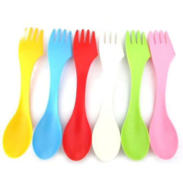 3 In 1 Plastic Spoon Fork Knife Camping Hiking Utensils Spork Combo Travel Gadget Kitchen Tableware 6 Color