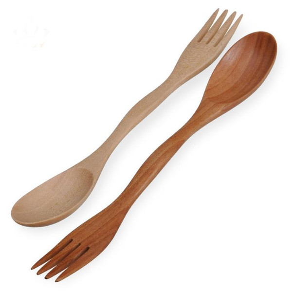 wholesale hot Natural Wood Spoon Fork 2 in 1 Cooking Dining Utensil Chinese Long Handle Cutlery