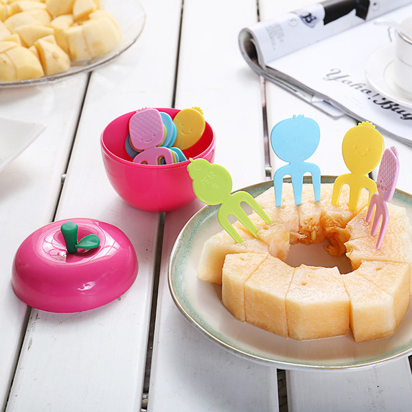 wholesale Cute Plastic Fruit Forks Set Apple Container Cake Dessert Forks for Kids Children Eating Stickers Kitchen Accessories AJI-792