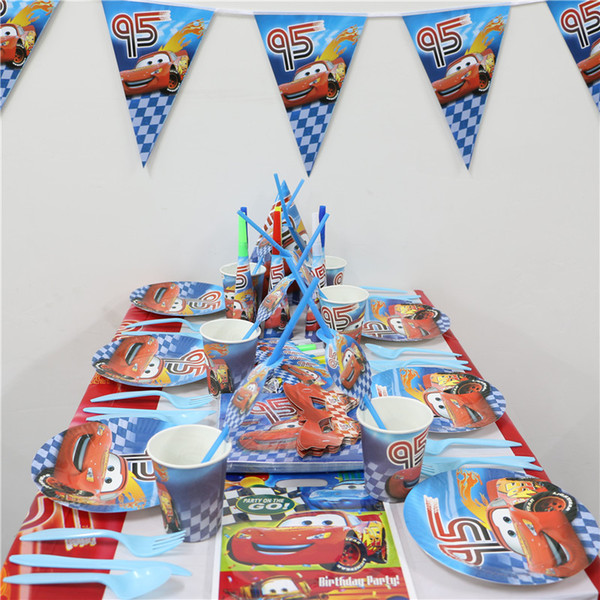 Wholesale- 112pcs\lot Cars Flags Kids Favors Cups Decoration Paper Plates Napkins Baby Shower Dishes Birthday Party Tablecloth Supplies