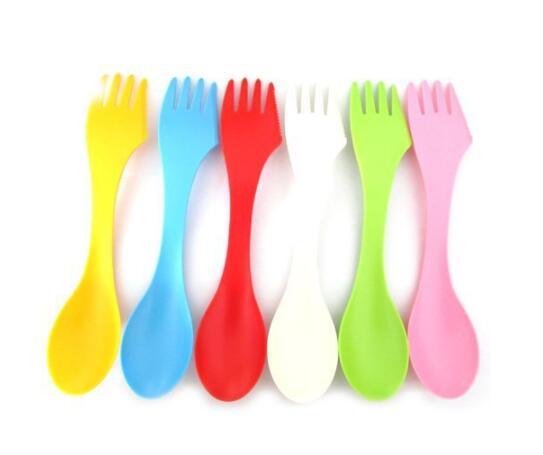 DHL 3 In 1 Plastic Spoon Fork Knife Camping Hiking Utensils Spork Combo Travel Gadget Kitchen Tableware 6 Color