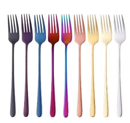 7 Colors Stainless Steel Dinner Fork Set Korea Colourful Dessert Fork With Long Handle Gold Blue Fork Set for Hotel Party