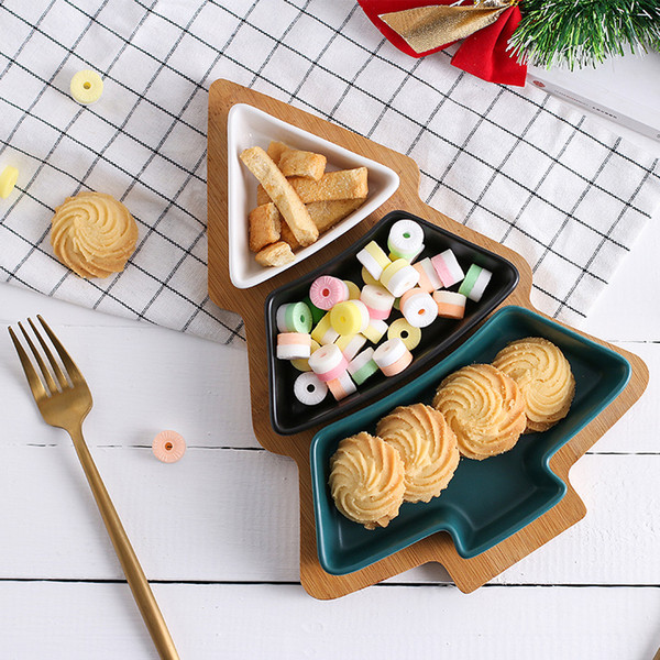 Creative Christmas Tree Tray Snack Fruit Candy Plate Bamboo Tray with Ceramics Plate for Christmas Home Decoration