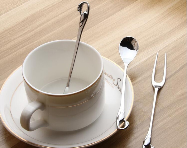 Creative Swan handel dessert fruit fork coffee spoon zinc alloy two fork spoon support custom and wholesale