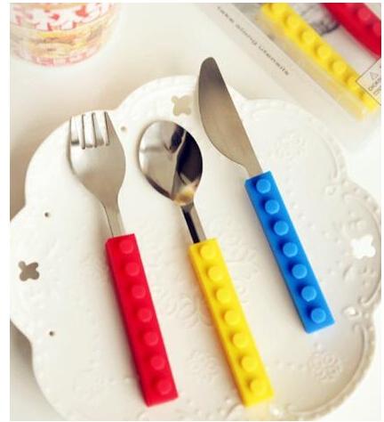 Wholesale New Lego bricks silicone stainless steel Portable Travel Kids Adult Cutlery Fork Spoon Picnic Set Gift for Child Dinnerware