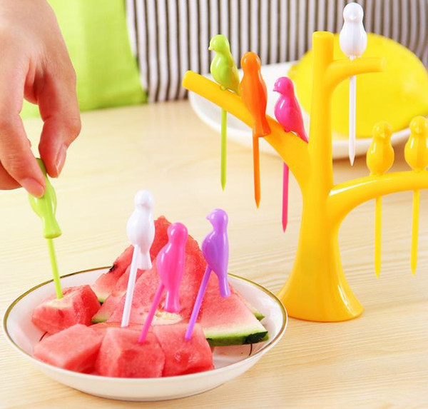 3sets/lot Creative Tree Birds Design Rainbow Plastic Fruit Forks Set Party Dessert Cake Fruit Picks 1 Stand + 6 Forks Kitchen Accessories