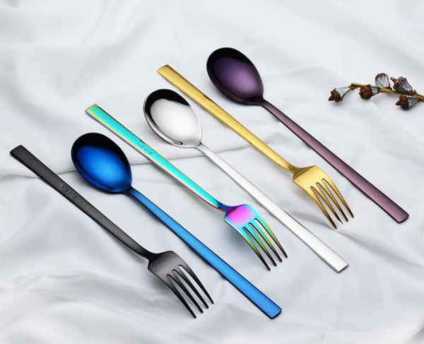 Wholesale custom all size titanium-plated color food grade 304 stainless steel cutlery square handle fork and spoon