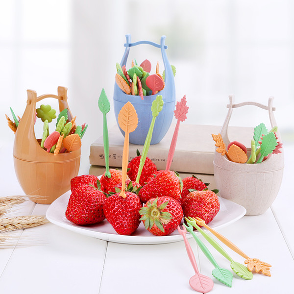 16pcs Green Biodegradable Natural Wheat Straw Leaves Fruit Fork Set Party Cake Salad Vegetable Forks Picks Table Decor Tools