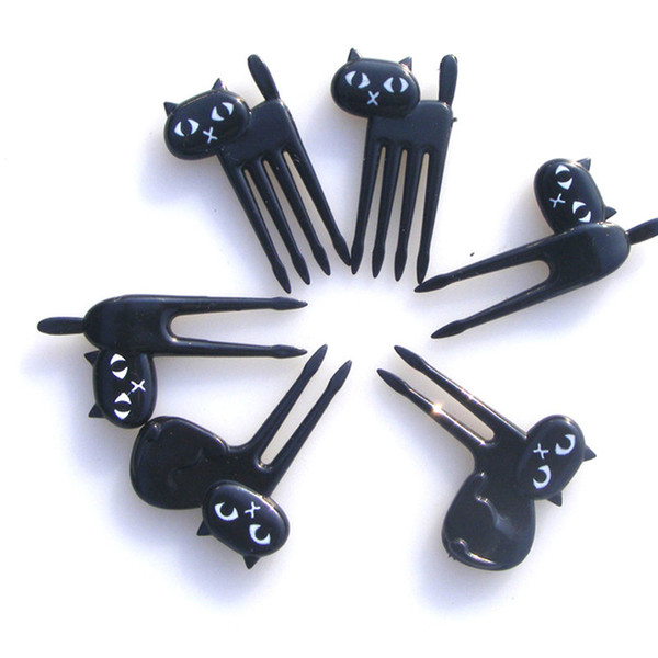 New 6Pcs Mini Animal Fork Fruit Picks Cute Cartoon Cat Children Fork Bento Lunch Box Decor Accessories Black Color