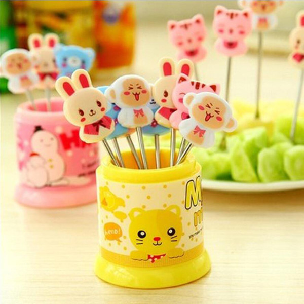 1 Set Kitchen Creative Cute Fruit Sign Stainless Steel Fruit Fork with Base Fork Fruit Food Picks Kitchen Accessories Random