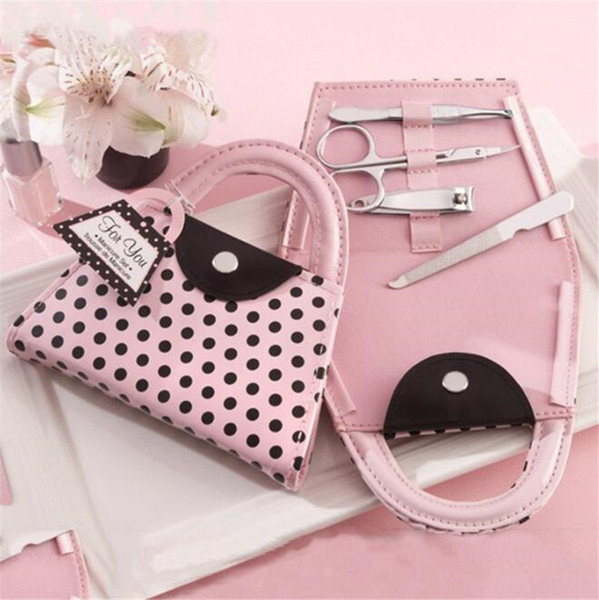 Manicure Set Bag For Wedding Gift Pink Polka Dot Bag Clipper Pedicure Manicure Set Kit Tools Finger Nail Clippers Scissors Grooming Tools