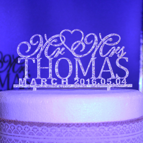 Wholesale-Personalized Wedding Cake Toppers, Custom name date Mr Mrs Acrylic gold silver glitter Wedding Party Decoration cake Accessory