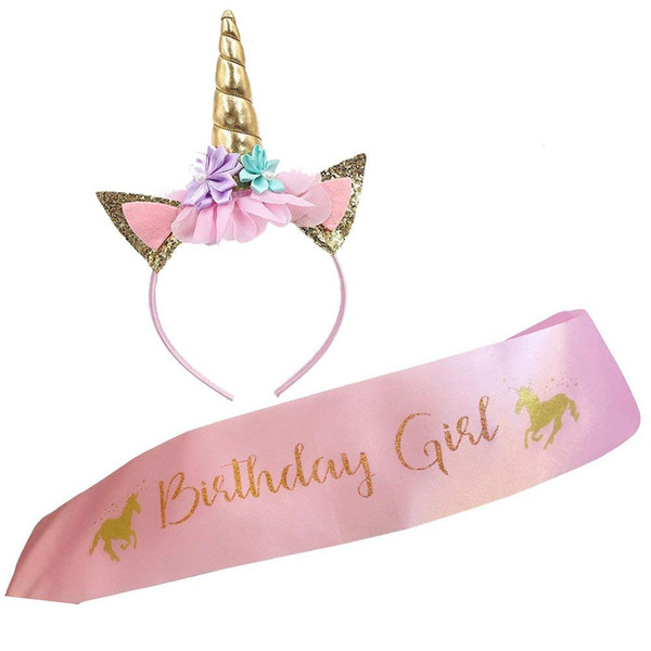 Unicorn Headband and Birthday Girl Sash Set Gold Glitter Unicorn Horn & Satin Sash for Happy Birthday Party Supplies Favors and Decorations