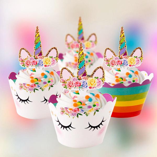 24pcs/set Unicorn Cupcake Toppers and Wrappers Double Sided Kids Party Birthday Cake Decorations (12pcs Cupcake Wrappers +12pcs Cake Topper)
