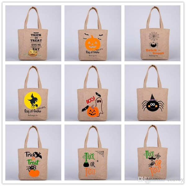 Halloween Yellow Linen Bags Candy Gift Sack Treat Trick Pumpkin Printed Bat Basket Bag Children Party Festival Gift Packing Handbags HFB02