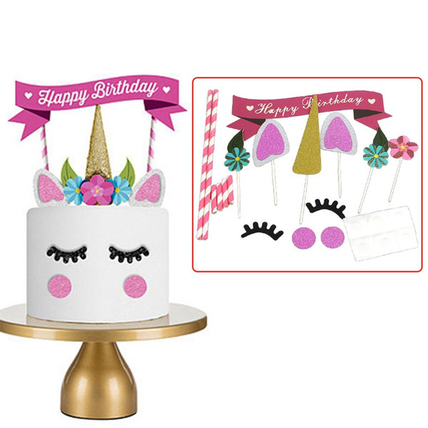 New 1set Handmade Pink Unicorn Party Cupcake Decoration Happy Birthday Party Flag Baby Children Decor Cake Decor