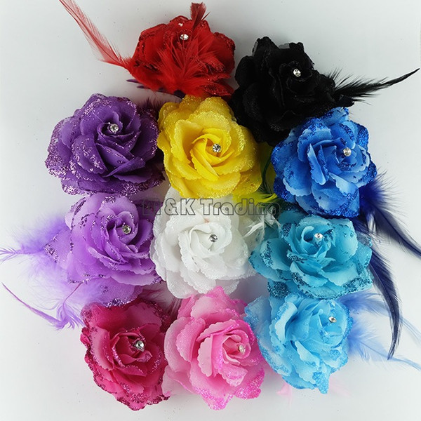 New Fake Flower Glitter Powder Pretty Artificial Flower Feather Decoration Rhinestones Rose Mix Colors Free Ship