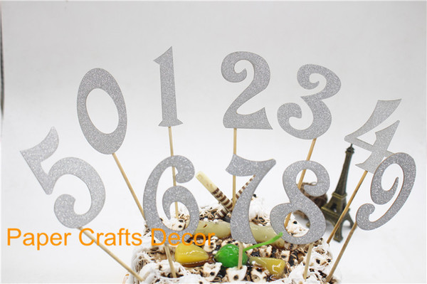 Wholesale-Set of 10pcs Silver Glitter Cake Toppers Personalized Birthday Party Decorations Wedding Cupcake Supplies Numbers From 0 To 9