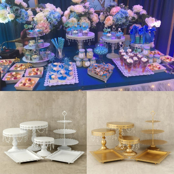 White Gold Crystal Pearl Metal Cake Stand Cupcake Dessert Serving Rack Holder Party Wedding Banquet Table Decorations 6Pcs/Set