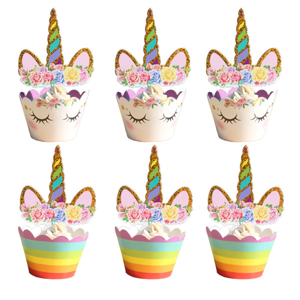 24Pcs Unicorn Rainbow Cake Toppers Cupcake Wrappers Birthday Party Cake Decoration Baby Shower Unicorn Party Supplies