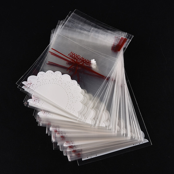 100pcs/set Cookie Packaging Self Adhesive Plastic Bags Lace Bow Print Gifts Bags Biscuits Candy Cake Package Snacks OPP bags