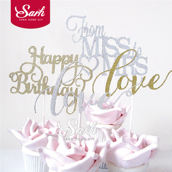 Wholesale-10 pieces/lot Bling Gold Sliver Mr Mrs Miss Love Happy Birthday Insert Cards Cake Decoration Wedding Birthday Party Lovely Gift