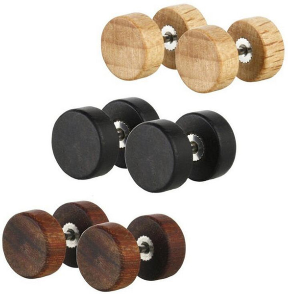 8MM Fashion Natural Wooden Stainlee Steel Ear Studs Earings for Women Men Wood Black Brown Barbell Piercing Punk Earrings Stud