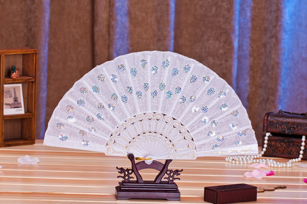 2016 Colorful Ladys Spanish Embroidered Sequins Hand Flower Lace Folding Fan 