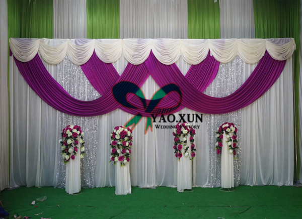 1 Set White Wedding Backdrop Drape Curtain And Purple Color Drape Swag With The Backdrop Stand \ Pipe Stent
