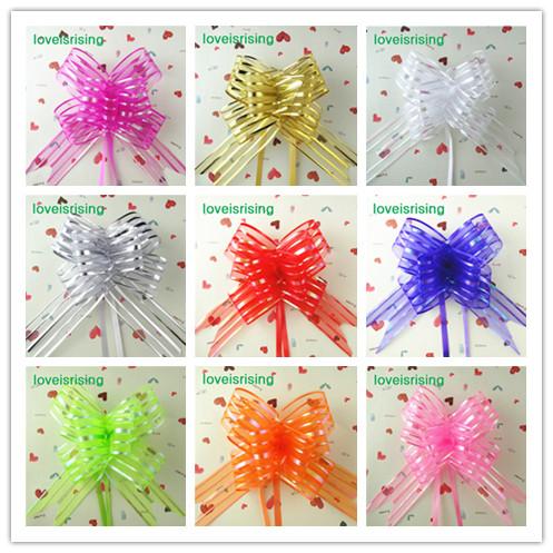 Hot Sale Colors--50pcs/lot 5cm Large Size Organza Pull Bows Wedding Car Decor Pull Flower Ribbons Wedding Bridal Favor Supplies
