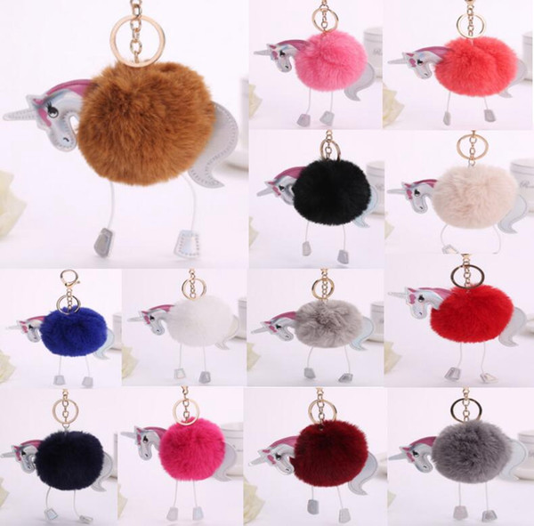 Horse Unicorn Design Lady Bag Pendants Keychains Pompoms Lovely PU Leather Car Key Chians Pom Pom Cute Fluffy Key Rings
