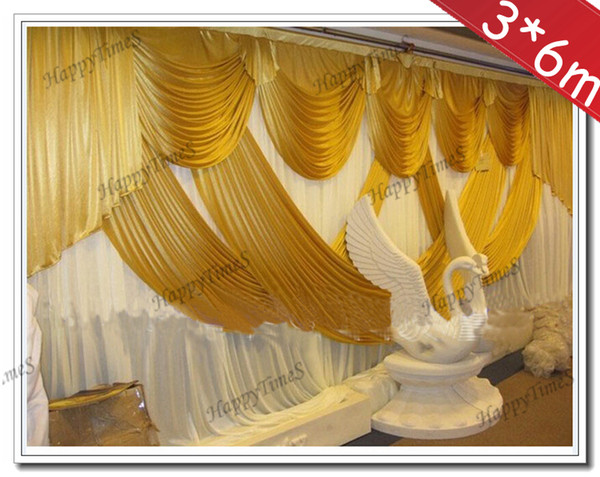 White Wedding Curtain Backdrop With Golden Swag Drapes 3m High 6m Wide Wedding Background Decorations Ice Silk Fabric
