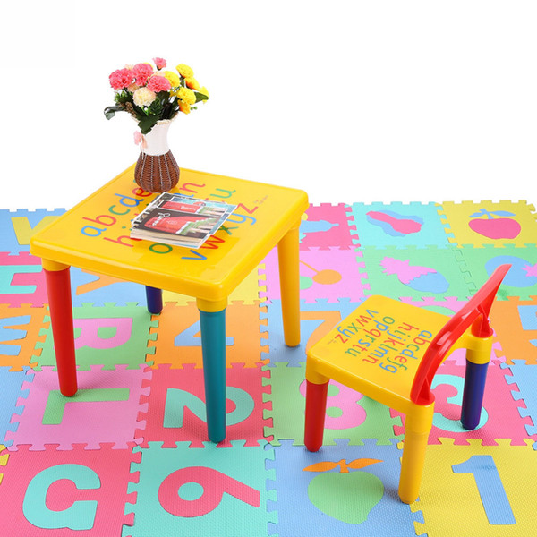 Alphabet Chair Table Set Kids Children Playroom Plastic ABC Table Furniture Set Dinner Picnic Children Letter Table Chair Set Yellow and Red