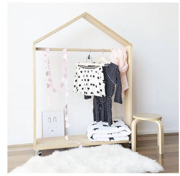 Roller-down lichen rack Children's clothing store clothes rack clothing display photographic props mobile clothes rack Children coat hanger
