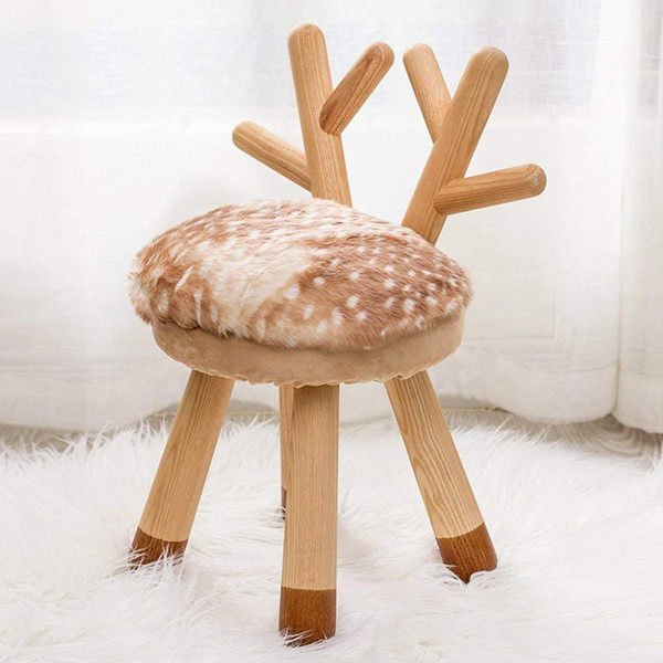 Children's Stool Solid Wood Round Chair Backrest Lovely Cartoon Fawn Animal Change Shoes Learning Bench Creative Household Stool
