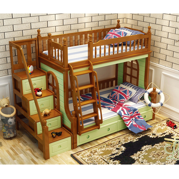 All solid wood with Security Fence storage stairs Ladder cabinet pink white gree children bedroom furniture bunk bed