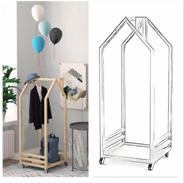 Ins children's solid wooden clothes rack movable chimney landing clothes rack Children's house solid wood model display hanger