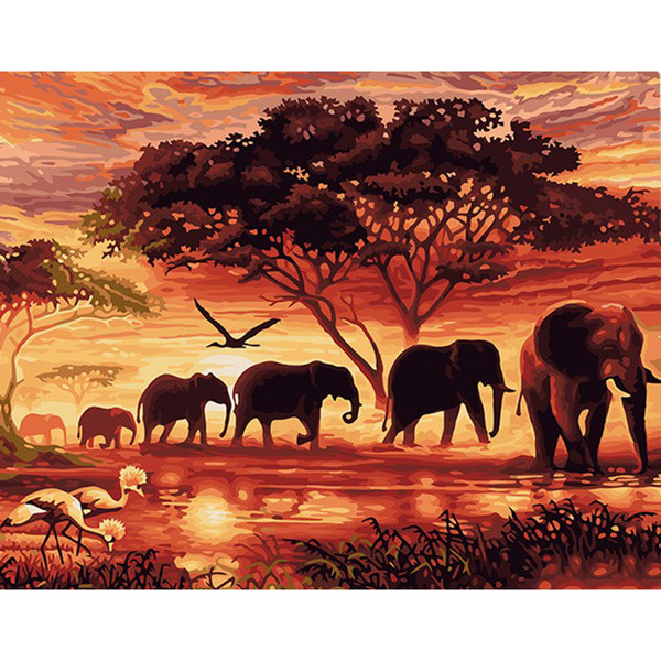 0329ZCZC019 Home wall furniture Decorations DIY number oil painting children Graffiti sunset Elephant group painting by numbers
